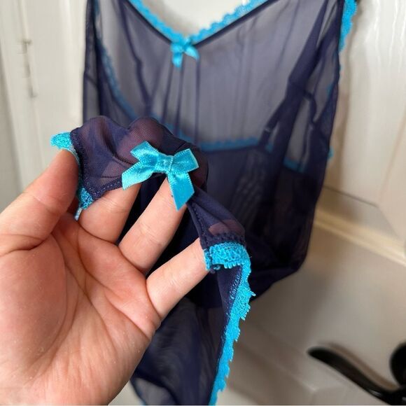 Savage X Fenty Navy Blue Mesh Lace Bow Romper Sz M-L Lingerie Baddie Glam Girly - Picture 2 of 6